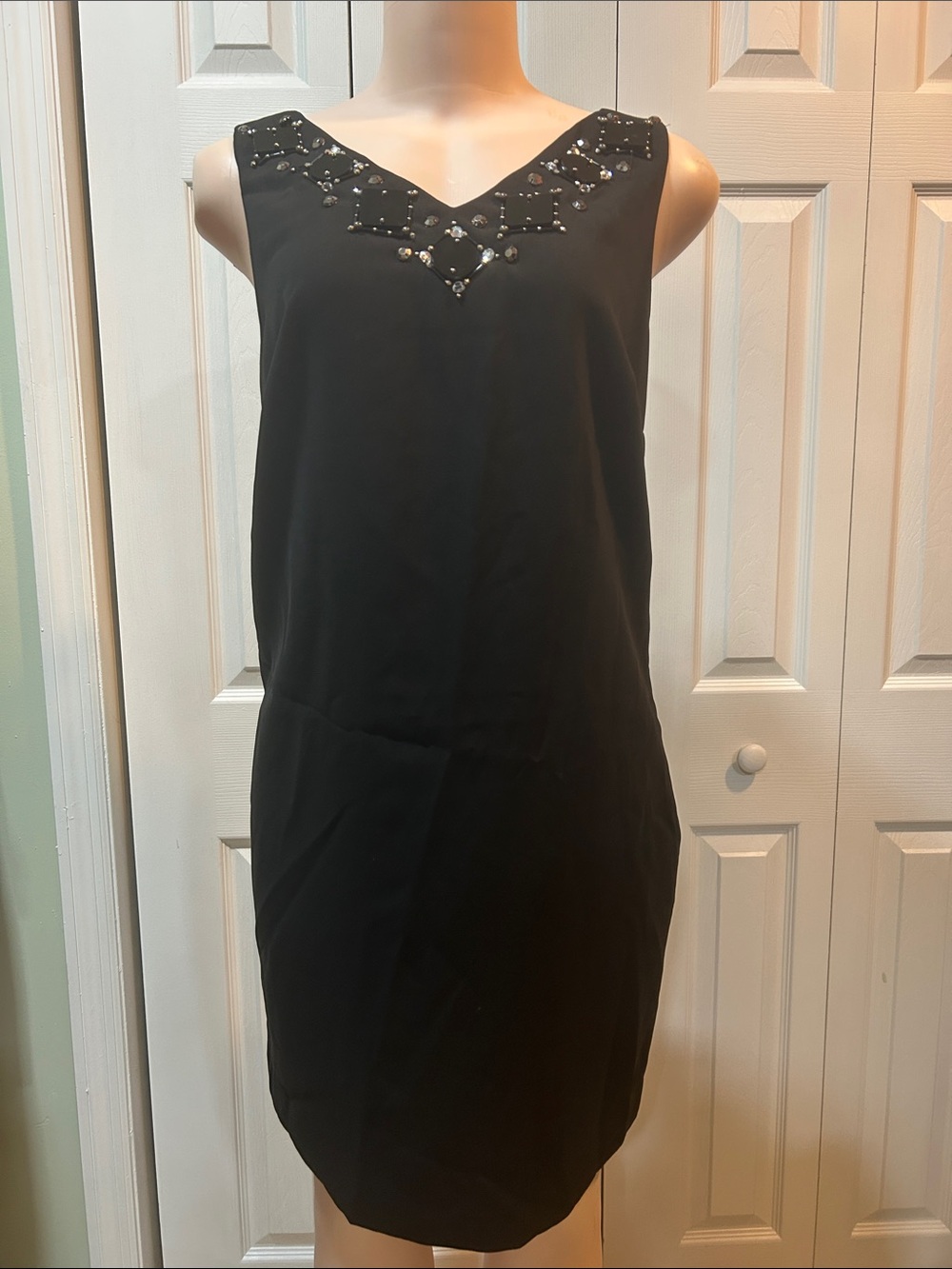 Ann Taylor Black Sleeveless V-Neck Mini Dress with Beaded Detail